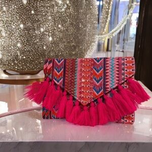 Ethnic Boho Large Clutch Suede Wristlet Bag Handmade Embroidery Tassels Indi NEW
